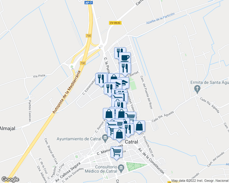 map of restaurants, bars, coffee shops, grocery stores, and more near 70 Calle la Purísima in Catral