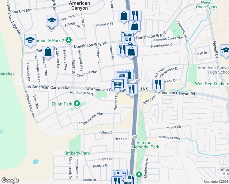 map of restaurants, bars, coffee shops, grocery stores, and more near 127 Thayer Way in American Canyon
