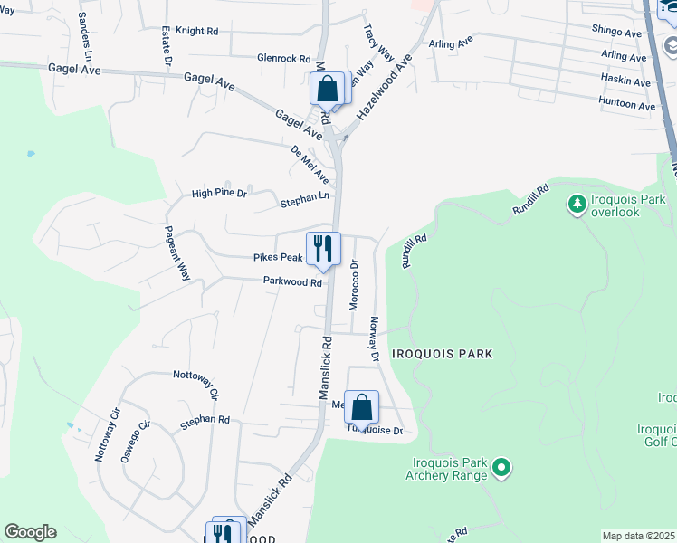 map of restaurants, bars, coffee shops, grocery stores, and more near 6605 Manslick Road in Louisville