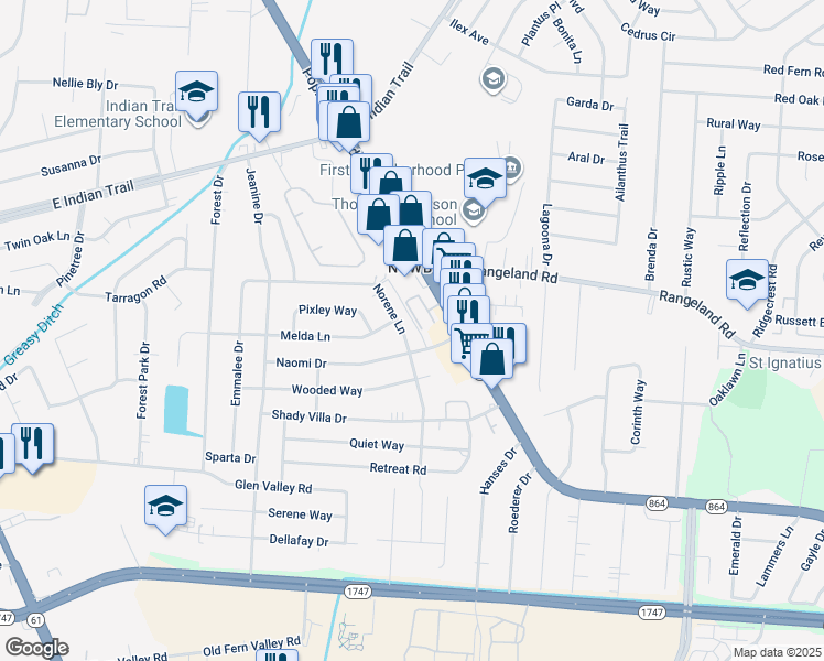 map of restaurants, bars, coffee shops, grocery stores, and more near 4305 Norene Lane in Louisville