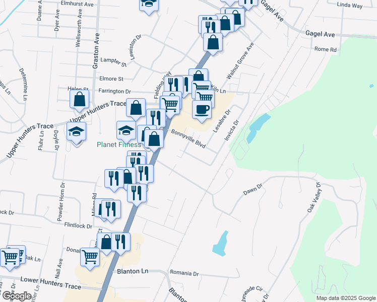 map of restaurants, bars, coffee shops, grocery stores, and more near 5111 Valiant Drive in Louisville