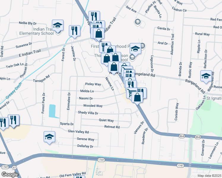 map of restaurants, bars, coffee shops, grocery stores, and more near 4125 Norene Lane in Louisville