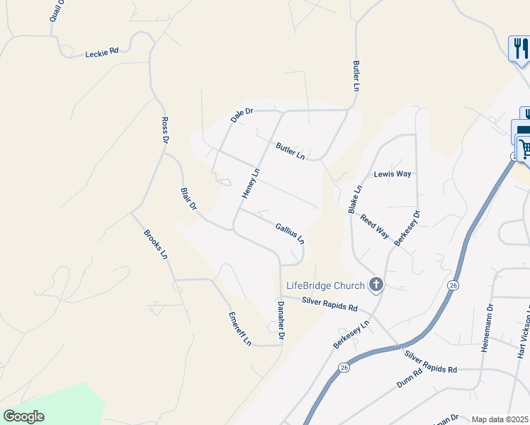 map of restaurants, bars, coffee shops, grocery stores, and more near 2518 Gallius Lane in Valley Springs