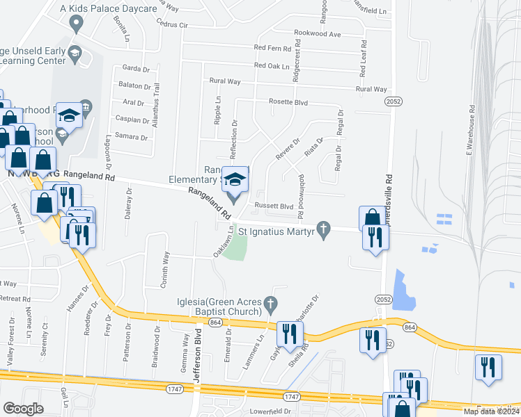 map of restaurants, bars, coffee shops, grocery stores, and more near 5801 Russett Place in Louisville