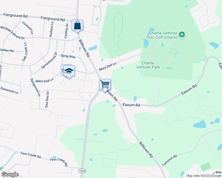 map of restaurants, bars, coffee shops, grocery stores, and more near 5501 Billtown Road in Louisville