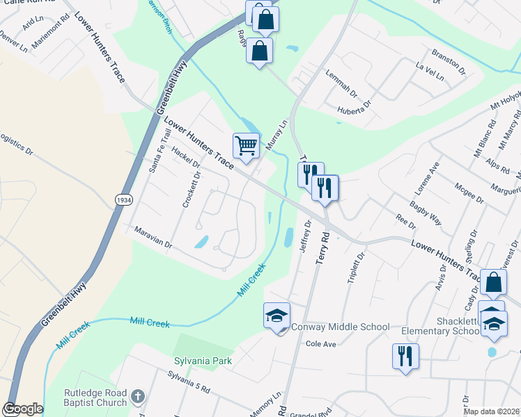 map of restaurants, bars, coffee shops, grocery stores, and more near 6200 Lower Hunters Trace in Louisville