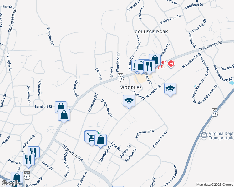 map of restaurants, bars, coffee shops, grocery stores, and more near 221 Orchard Road in Staunton