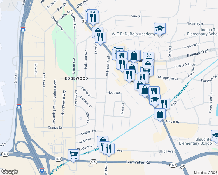 map of restaurants, bars, coffee shops, grocery stores, and more near 4810 Westside Drive in Louisville