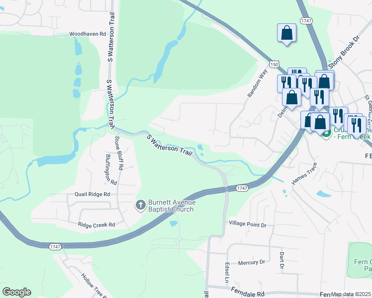 map of restaurants, bars, coffee shops, grocery stores, and more near 5737 South Watterson Trail in Louisville