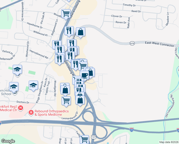 map of restaurants, bars, coffee shops, grocery stores, and more near Vandalay Drive in Frankfort