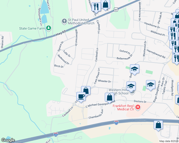 map of restaurants, bars, coffee shops, grocery stores, and more near 225 Old Station Road in Frankfort