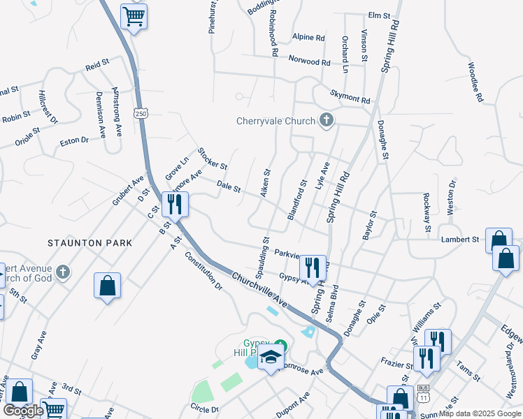 map of restaurants, bars, coffee shops, grocery stores, and more near 1316 Aiken Street in Staunton