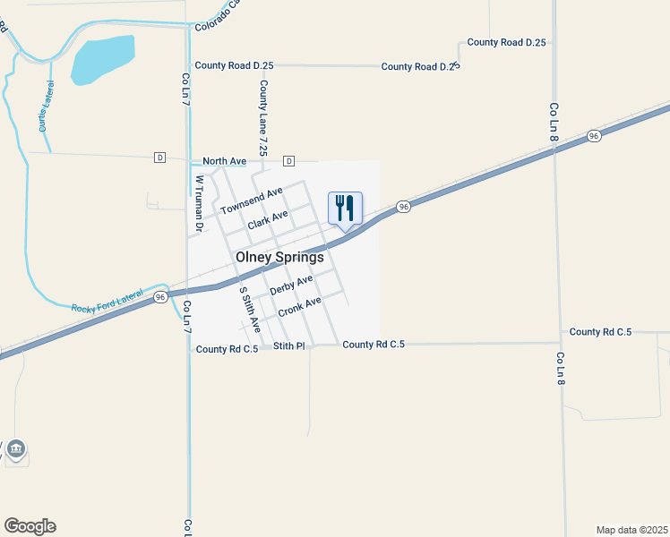 map of restaurants, bars, coffee shops, grocery stores, and more near 198 S Schulyer Ave in Olney Springs
