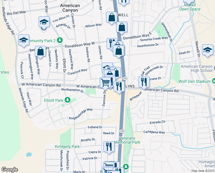map of restaurants, bars, coffee shops, grocery stores, and more near 100 West American Canyon Road in American Canyon