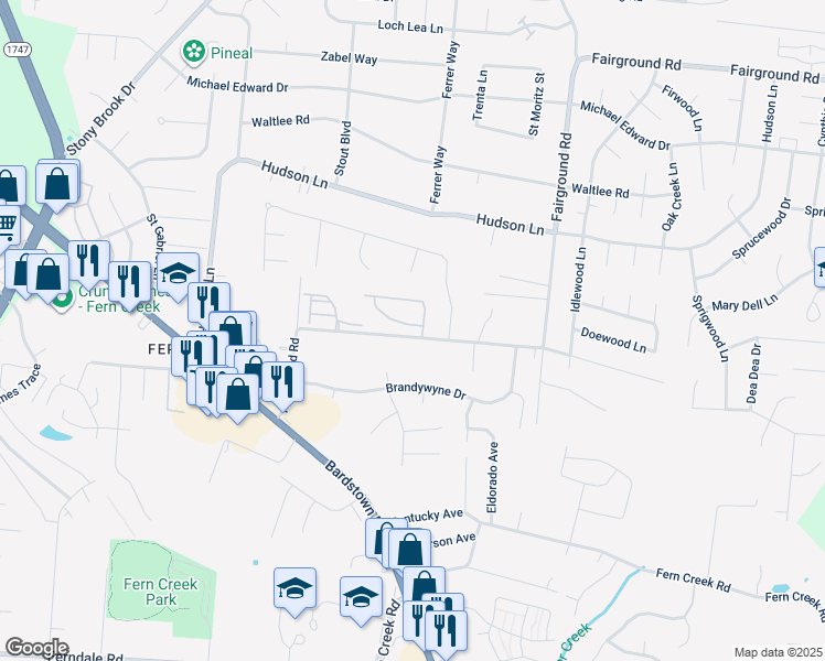 map of restaurants, bars, coffee shops, grocery stores, and more near 201 Wooded Creek Drive in Louisville