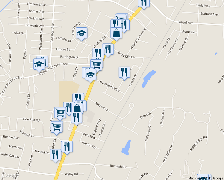 map of restaurants, bars, coffee shops, grocery stores, and more near 5111 Valiant Drive in Louisville