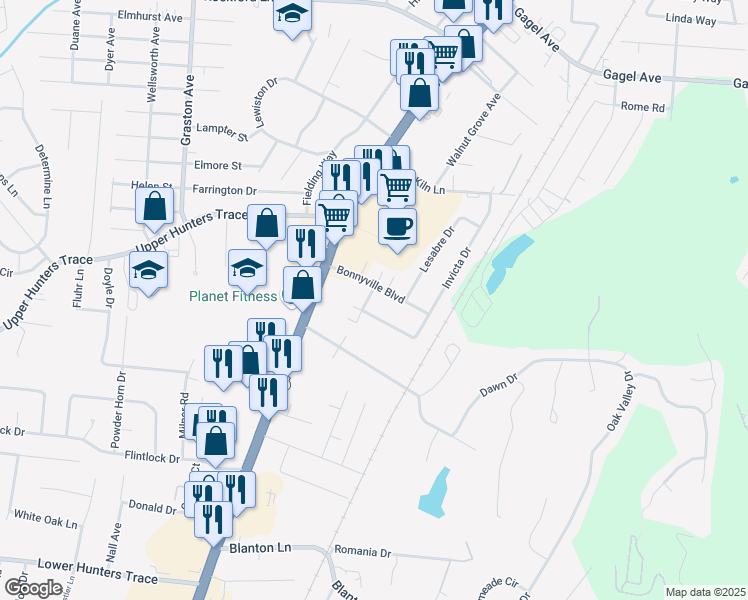 map of restaurants, bars, coffee shops, grocery stores, and more near 5111 Valiant Drive in Louisville