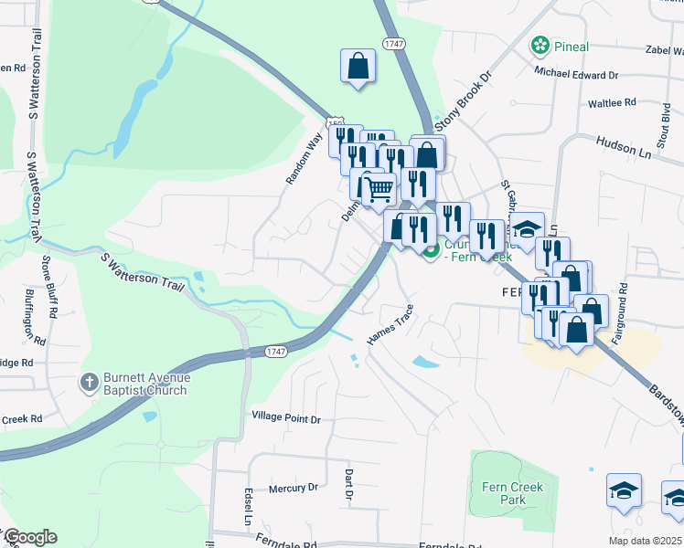 map of restaurants, bars, coffee shops, grocery stores, and more near 8607 Jessica Allen Drive in Louisville