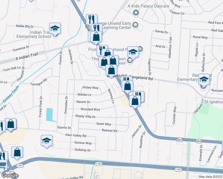 map of restaurants, bars, coffee shops, grocery stores, and more near 4125 Norene Lane in Louisville