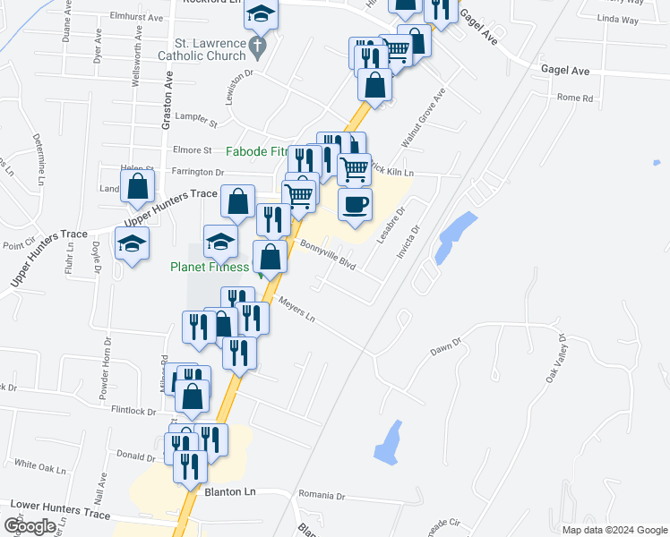 map of restaurants, bars, coffee shops, grocery stores, and more near 5111 Valiant Drive in Louisville
