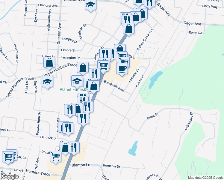 map of restaurants, bars, coffee shops, grocery stores, and more near 5111 Valiant Drive in Louisville