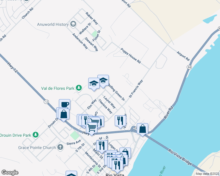 map of restaurants, bars, coffee shops, grocery stores, and more near 1000 Rolling Green Drive in Rio Vista