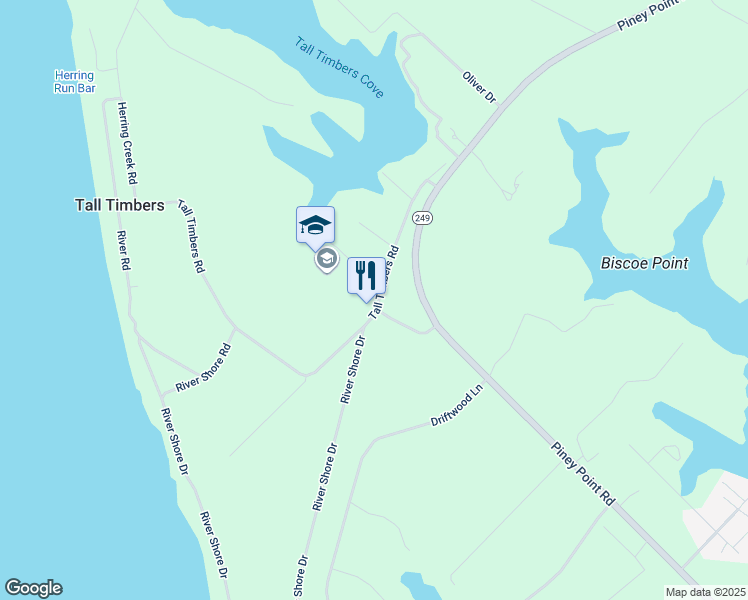 map of restaurants, bars, coffee shops, grocery stores, and more near 44590 Tall Timbers Road in Tall Timbers