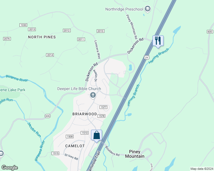 map of restaurants, bars, coffee shops, grocery stores, and more near 4731 Bluejay Way in Charlottesville