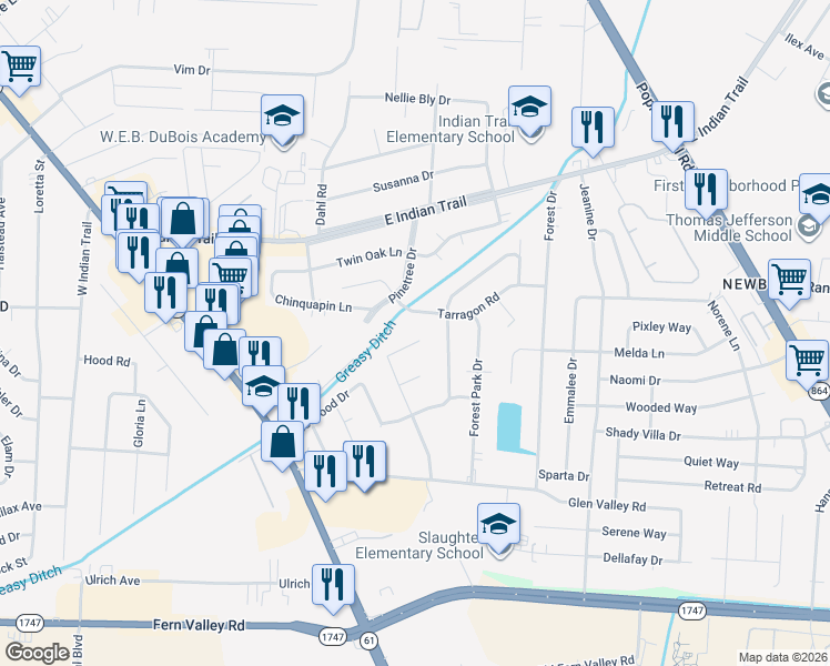 map of restaurants, bars, coffee shops, grocery stores, and more near 3615 Friar Tuck Court in Louisville