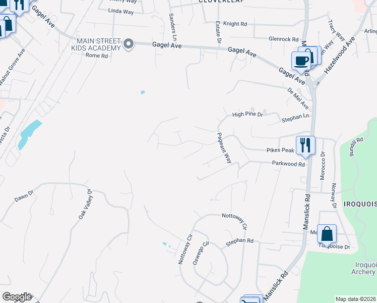 map of restaurants, bars, coffee shops, grocery stores, and more near 2607 Patio Court in Louisville