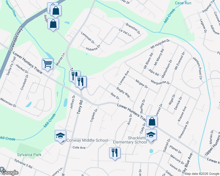 map of restaurants, bars, coffee shops, grocery stores, and more near 5503 Dione Avenue in Louisville