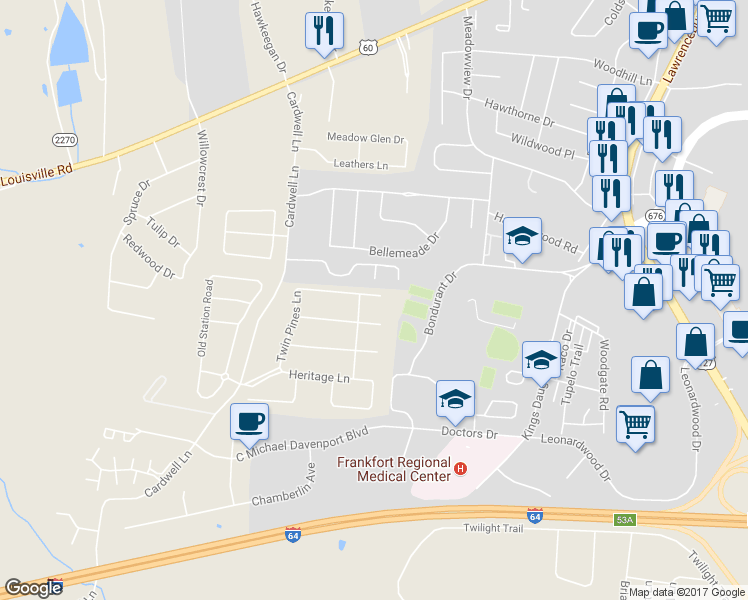 map of restaurants, bars, coffee shops, grocery stores, and more near 304 Twin Pines Lane in Frankfort