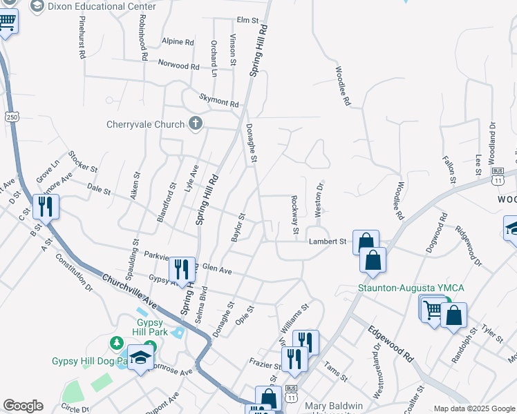 map of restaurants, bars, coffee shops, grocery stores, and more near 1108 Donaghe Street in Staunton