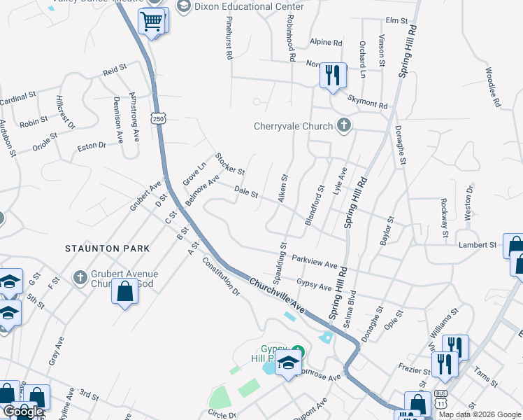 map of restaurants, bars, coffee shops, grocery stores, and more near 1396 Pleasant View Street in Staunton