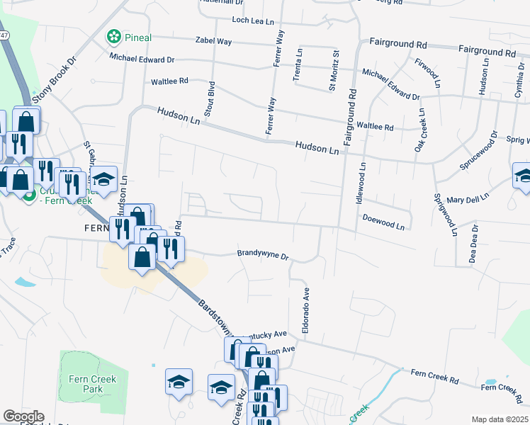 map of restaurants, bars, coffee shops, grocery stores, and more near 201 Wooded Creek Drive in Louisville