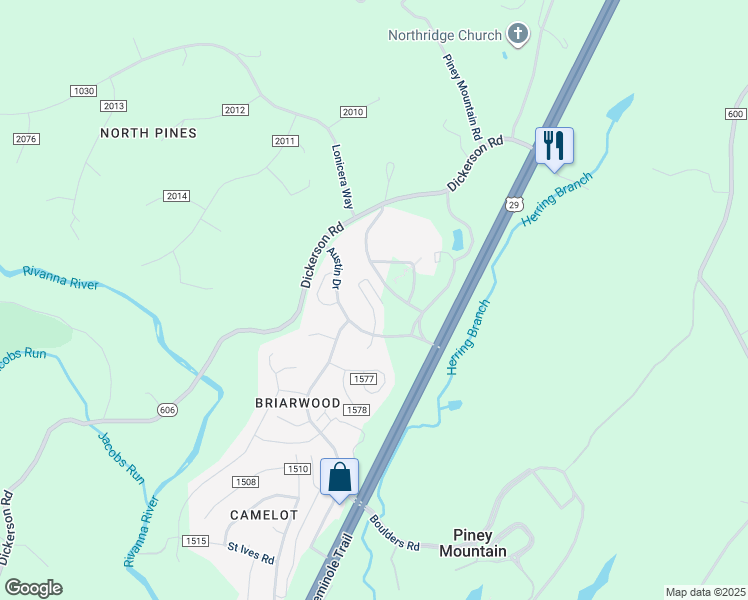 map of restaurants, bars, coffee shops, grocery stores, and more near 4735 Blue Jay Way in Charlottesville