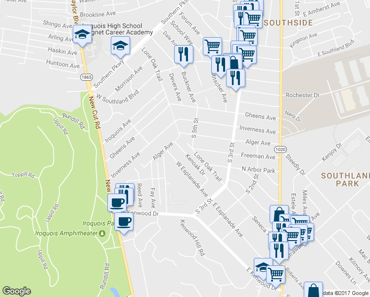 map of restaurants, bars, coffee shops, grocery stores, and more near 249 Kenoak Drive in Louisville