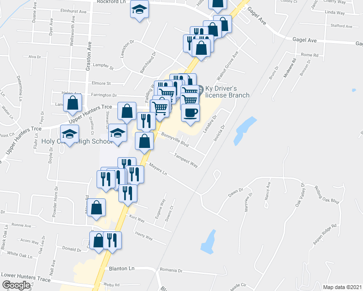 map of restaurants, bars, coffee shops, grocery stores, and more near 5111 Valiant Drive in Louisville