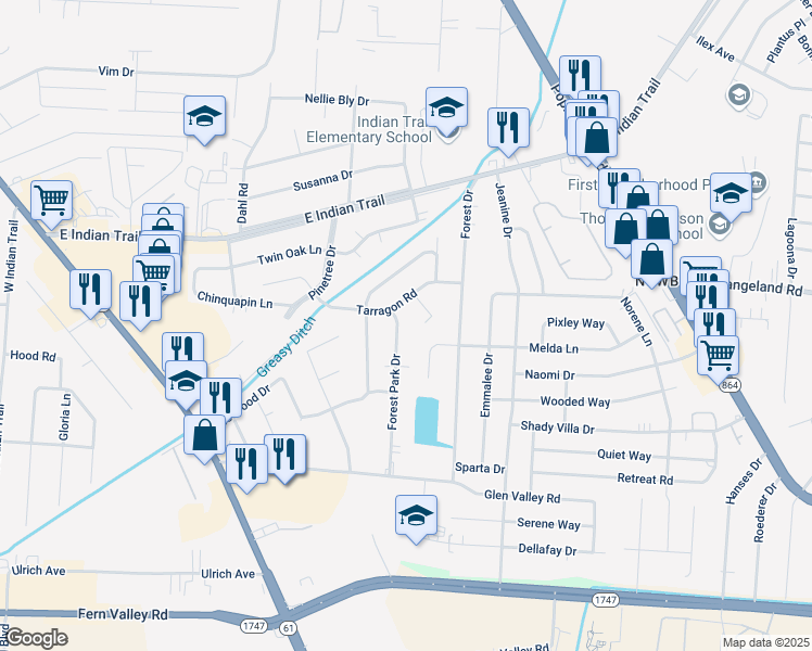 map of restaurants, bars, coffee shops, grocery stores, and more near 4819 Forest Park Drive in Louisville