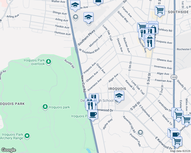 map of restaurants, bars, coffee shops, grocery stores, and more near 714 Gheens Avenue in Louisville