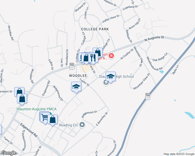 map of restaurants, bars, coffee shops, grocery stores, and more near 1200 North Coalter Street in Staunton