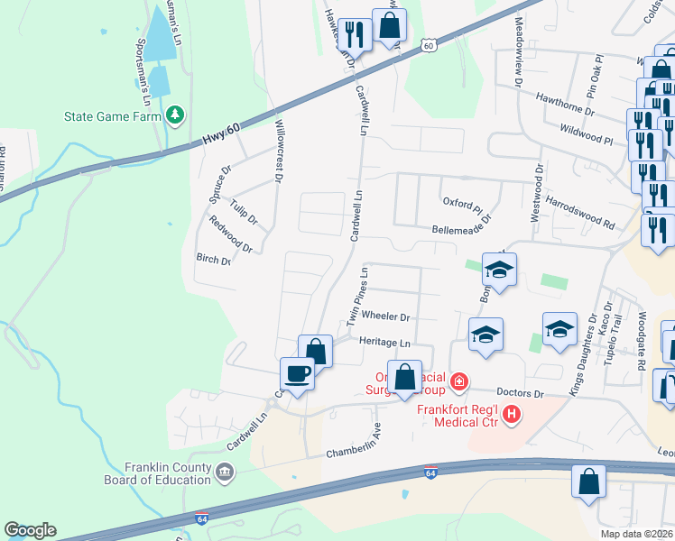 map of restaurants, bars, coffee shops, grocery stores, and more near 225 Old Station Road in Frankfort