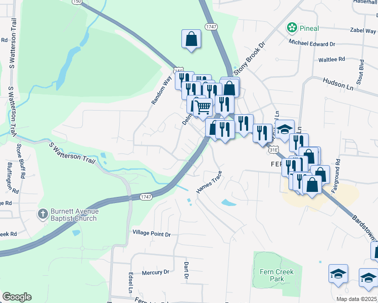 map of restaurants, bars, coffee shops, grocery stores, and more near 8607 Jessica Allen Drive in Louisville