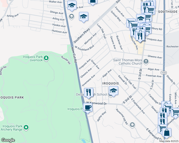 map of restaurants, bars, coffee shops, grocery stores, and more near 714 Gheens Avenue in Louisville