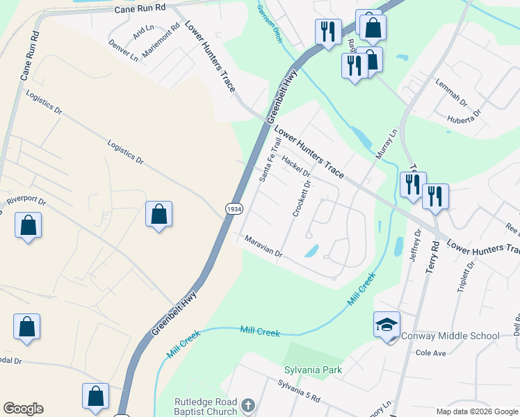 map of restaurants, bars, coffee shops, grocery stores, and more near 6513 Alamo Court in Louisville