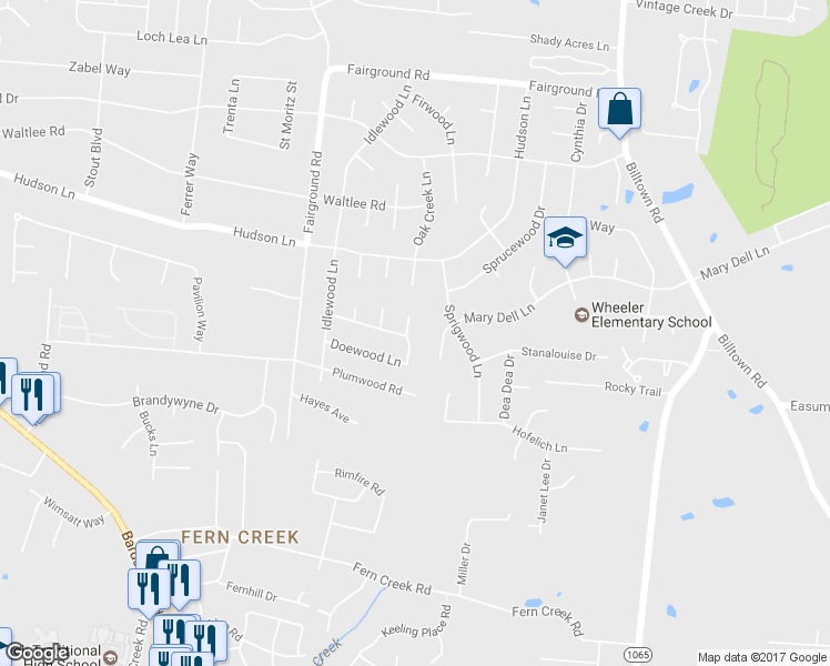 map of restaurants, bars, coffee shops, grocery stores, and more near 5601 Mosswood Ln in Louisville