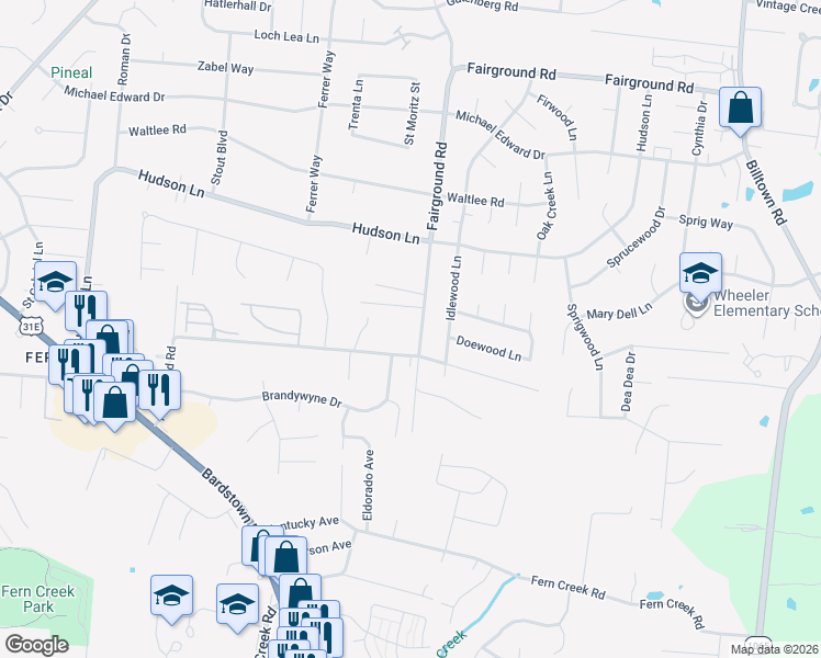map of restaurants, bars, coffee shops, grocery stores, and more near 9307 Fairground Road in Louisville