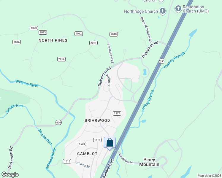 map of restaurants, bars, coffee shops, grocery stores, and more near 2360 Austin Drive in Charlottesville