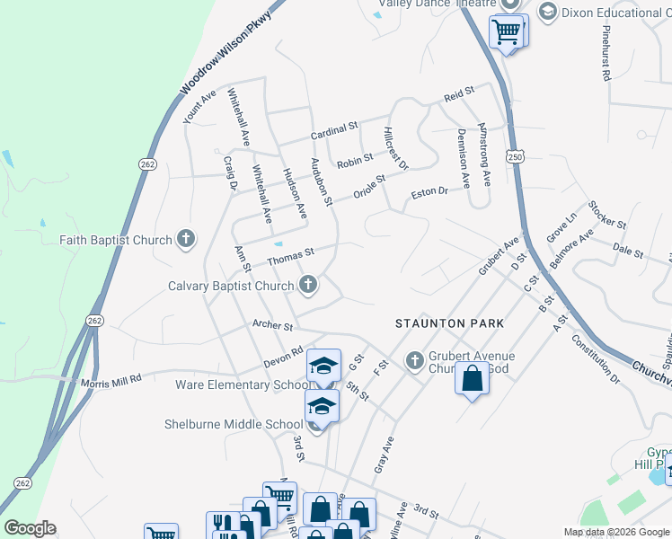 map of restaurants, bars, coffee shops, grocery stores, and more near 203 Garland Drive in Staunton