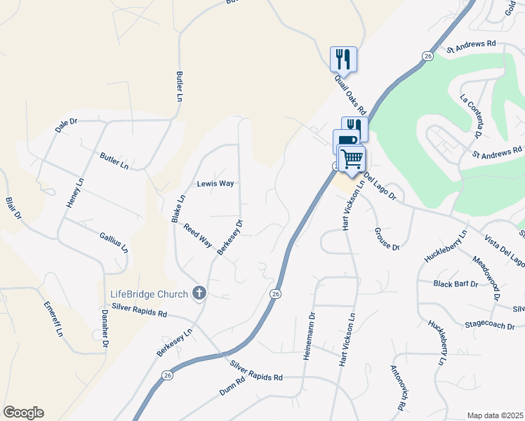 map of restaurants, bars, coffee shops, grocery stores, and more near 164 Robinwood Place in Valley Springs